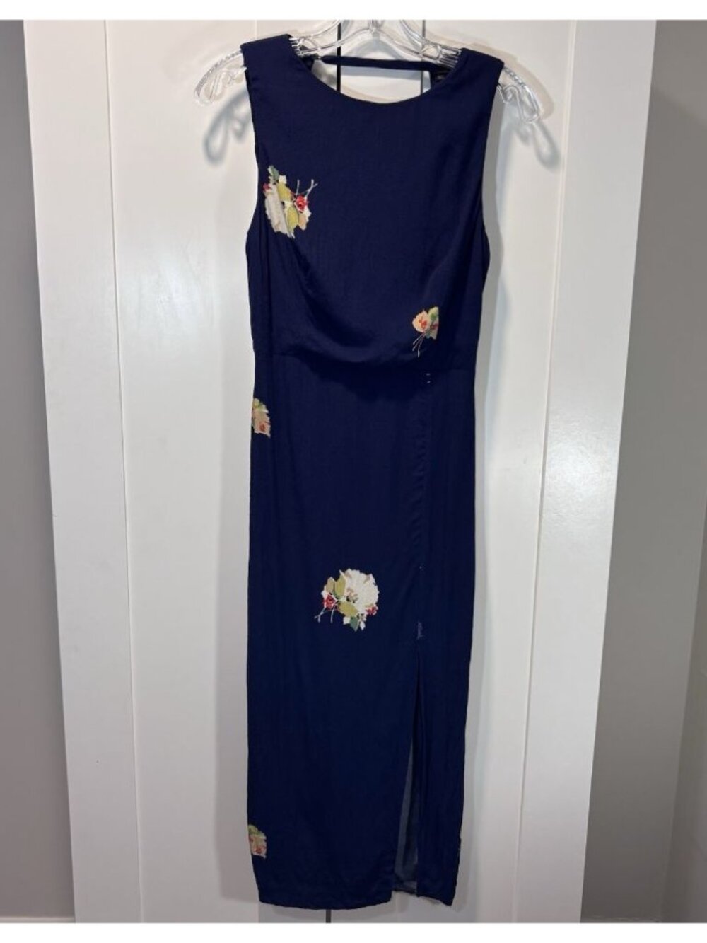 Zara Floral Navy Blue Dress Midi Sleeveless Women’s Size S Summer Party Events